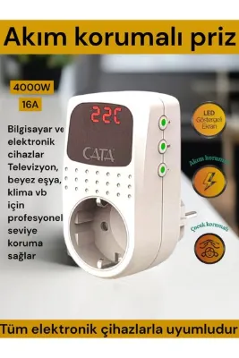 VATANYAPI Cata-9187 Dijital akım korumalı priz 4000W 16A. Led göstergeli tekli akım korumalı priz