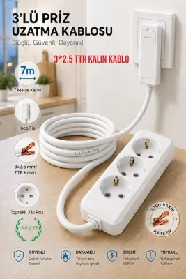 Aryes 3’lü 7 Metre Uzatma Prizi 3x2,5 mm² TTR Kalın Bakır Kablolu İnce Fişli Topraklı – 3680w