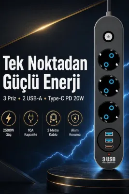 The Wlue 3’lü Anahtarlı Çoklu Priz | 2xUSB | 1xType-C Hızlı | PD Şarj Destekli | 2500W | Uzatma Kablosu