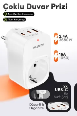 Fulltech FTR-24 Çoklu Duvar Prizi 16A 3680W Beyaz | 2x USB-C + 1x USB-A Şarjlı Priz | Akım Korumalı
