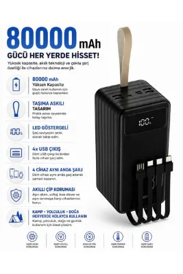 TUROVE 80000 mAh Outdoor Powerbank Taşınabilir Şarj Cihazı 4 USB Çıkışlı Kablolu Hızlı Şarj LED Göstergeli hızlı şarj 22.5