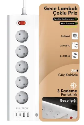 Fulltech FTR-26 Akım Korumalı Priz Beyaz 9’lu (5 Priz + 2 USB-A + 2 USB-C) 3680W 16A, 2 Metre Kablol