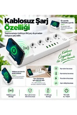 Hil Tech Eminönü Toptan Elektronik Wireless Şarjlı 4’lü Çoklu Priz 3000W 10A Akım Korumalı 4 USB + Type-C Portlu Telefon Standlı Isıya Dayanıklı