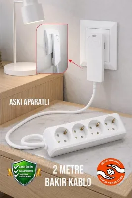 Aryes 4'lü Grup Priz 2 Metre İnce Fişli Topraklı Uzatma Kablosu 3x1.5 TTR Tam Bakır Beyaz