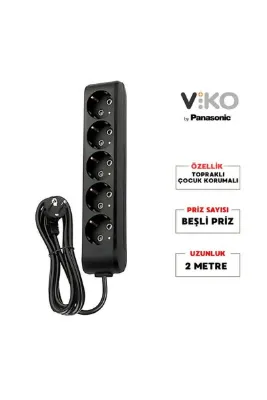 Viko | Beşli Grup Priz, Topraklı - Çocuk Korumalı Çoğaltıcı Priz, 5'li, 2 m, Siyah