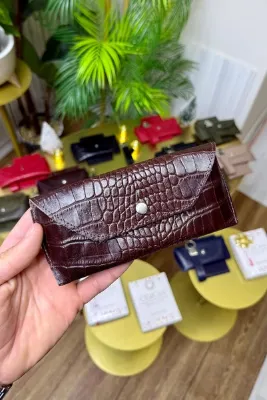 CüzCan Kahverengi Croco Hakiki Deri Gözlük Kılıfı