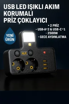 HILFE USB LED Işıklı Akım Korumalı Priz Çoklayıcı – 2 Priz + 2xUSB-A 1xUSB-C – 2500W – Gece Aydınlatma