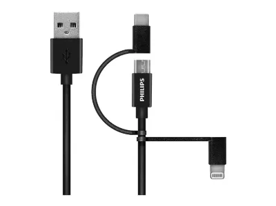 PHILIPS DLC3106T 3'ü 1 Arada Lightning USB-C Mikro USB Şarj Kablosu Siyah