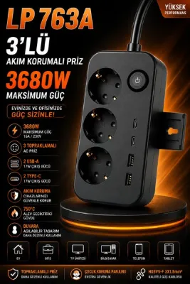 Kılıforyum Akım Korumalı 3'lü Topraklamalı Priz 3680W 2 USB 2 Type-C Çıkışlı Çoklu Priz Duvar Askılı Güç Paneli LP763A
