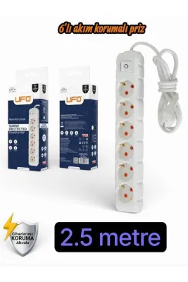 UFO Akım Korumalı 2.5 mt Kablolu Grup Priz Max 3500W 16 Amper Aşırı Yük Koruması 6lı Çoklu Priz Beyaz