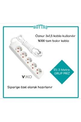 VİKO 3 Metre 5 Li Uzatma Kablosu / Viko Grup Priz / Öznur 3*1.5 Kablo Kullanılır