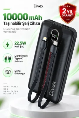Divex 10.000 mAh 22.5W Hızlı Şarj Powerbank, Entegre Type-C ve Lightning Kablolu, Dijital Göstergeli Taşınabilir Şarj Cihazı