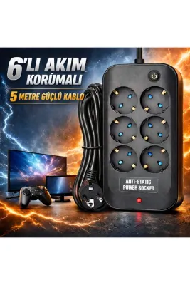 FIRSAT YOLU 6’lı Akım Korumalı Priz Anahtarlı Parafudr Anti-Statik 3x1.5mm 5 Metre Uzatma Kablosu Çocuk Korumalı