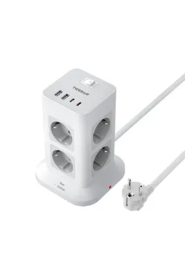 TESSAN 12'si 1 Arada Akım Korumalı Kule Tipi Priz – 8 AC Prizi, 2 USB-A, 2 USB-C (20W Hızlı Şarj), 2 Metre Kablolu Küp Priz