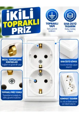 Janissary İkili Topraklı Sıva Üstü Priz – Beyaz 2’li Duvar Prizi