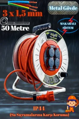 Makaralı Seyyar Kablo Kapaklı 4 Prizli Metal Uzatma Kablosu 3x1.5 Mm Cca Kablo 50 Metre