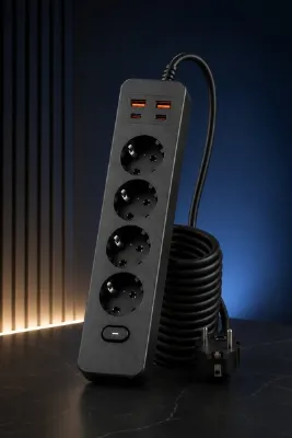 Aırstorr PRO-EU01 4’lü Akım Korumalı Çoklu Priz – 2 USB-C + 2 USB-A | 2500W 10A Max | 2 Metre Kablolu