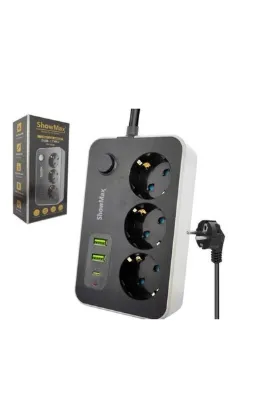 ShowMax Sh4626 Termal Akım Korumalı Uzatma Kablosu 3*Priz + 2*Usb + Type-C + Anahtar 2M Siyah
