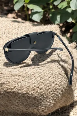 Hakiki Deri Siyah Unisex El Yapımı Gözlük Kılıfı