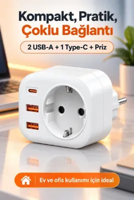MATECHNO 2500W 3.4A 2x USB 1x Type-C 1x Soket Şarj Adaptörü Priz Çoğaltıcı Grup Priz