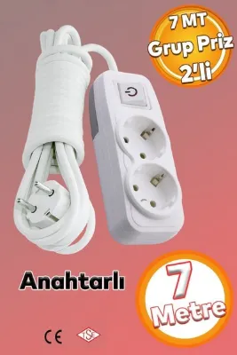 Badem10 2'li Grup Priz (7 METRE) Topraklı Fiş Çoğaltıcı Çoklu Uzatma Kablosu Anahtarlı Düğmeli Pirizi