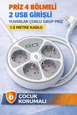 Ecuy Priz 4 Bölmeli 2 USB Grişli Yuvarlak Çoklu Grup Priz Çocuk Korumalı Anahtarlı 1.5 Metre Kablolu