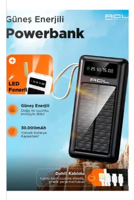 TUROVE Güneş Enerjili Powerbank 30000mAh – 4 Kablolu, LED Fenerli, Taşınabilir Şarj Cihazı