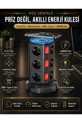 The Wlue 12’li Kule Tipi Çoklu Priz | 3680W | Kablosuz Şarjlı | USB Çıkışlı | Akıllı Güç İstasyonu