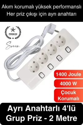 Svein Özel Üretim 4'lü Ayrı Anahtarlı 2 Metre Akım Korumalı Grup Priz 1400 Joule 4000W Çoklu Uzatma Kablo