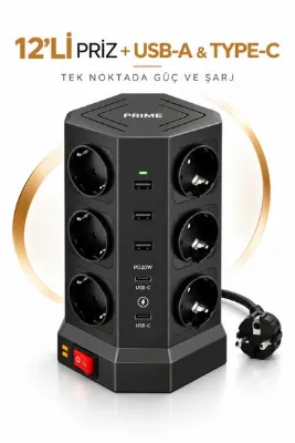 RAYLAX 12’li Priz Çoklu Akım Korumalı Uzatma Kulesi 3 USB-A 2 USB-C PD20W 3680W 2 Metre