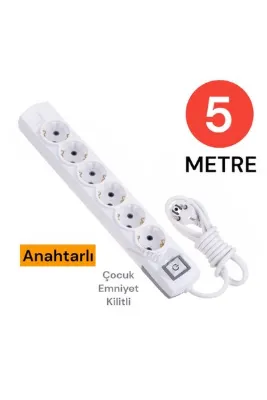 Tek-İş Grup Priz Topraklı 6 Lı 5 Metre Anahtarlı Çocuk Korumalı Çoklu Priz Seyyar Ara Kablo Uzatma Kablosu