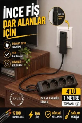 Aryes 4’lü Topraklı Uzatma Kablosu 1 Metre Siyah İnce Fiş Tam Bakır Kablo 16A Güvenli
