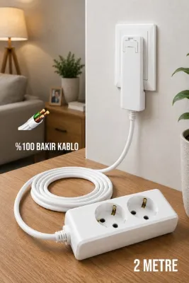 Aryes 2'li 2 Metre İnce Fişli Uzatma Kablosu 3x1.5 TTR Tam Bakır Topraklı Çocuk Korumalı Beyaz