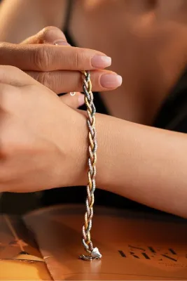 Silvano Jewelry 925 Ayar Gümüş Üç Renk İtalyan Ezme Zincir Bileklik
