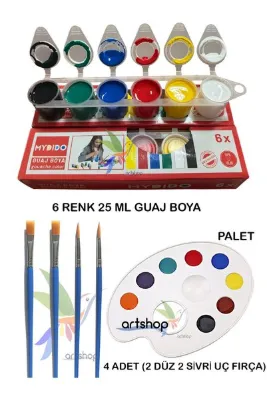 Artshop 6x25 ML Guaj Boya, Palet, 2 Düz2 Sivri Uçlu Fırça, Resim Başlangıç Sanatsal Boyama Seti