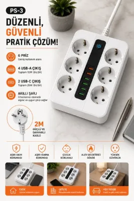 DURUBO 6 Prizli Akıllı Uzatma Kablosu – 4 USB-A + 2 Type-C Hızlı Şarj Çıkışlı Akım Korumalı , 2 Metre Kablo