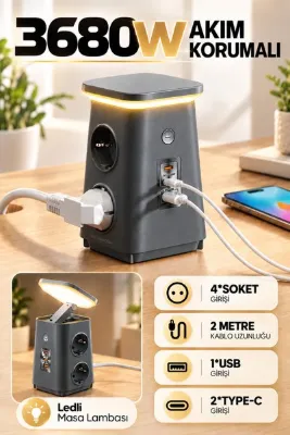 Enshall Akım Korumalı Masaüstü FulltechFTR-38 Priz, 4’lü Priz, 2x USB-C PD 20W + 1x USB-A QC 18W Hızlı Şarj, 600J Aşırı Gerilim Koruması, 3680W, LED Aydınlatma, 1.9 m Kablo Beyaz