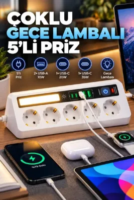 asua 5'li Topraklı Çoklu Priz 2500W | 2 USB + 2 Type-C Hızlı Şarj | Dokunmatik 3 Kademeli LED Gece Lambası | 2 Metre Kablo | Duvara ve Masa Altı Asılabilir Grup Priz Uzatma