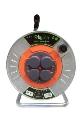 Bylion SEYYAR AÇIK MAKARA TURUNCU KABLO 50 metre 3x2,5mm MMP-50325-F Metal Gövde 4lü-Kapaklı-Priz Bobin