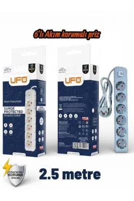 UFO Akım Korumalı 2.5 mt Kablolu Grup Priz Max 3500W 16 Amper Aşırı Yük Koruması 6lı Çoklu Priz Gri