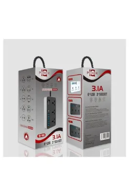 SİYAH Akıllı Ev Uzatma Kablosu 6 USB 3 PRİZ Girişli Aşırı Gerilim Koruyuculu Güç Şeridi