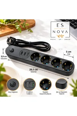 TERMAL AKIM KORUMALI 4 PRİZLİ+ USB GİRİŞLİ UZATMA KABLO