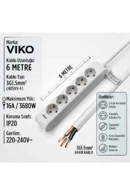 VİKO Multi-Let 5'lü Topraklı Priz 6 Metre 3x1.5 TTR Gerçek Bakır Kablolu Beyaz Grup Priz Özel Kesim