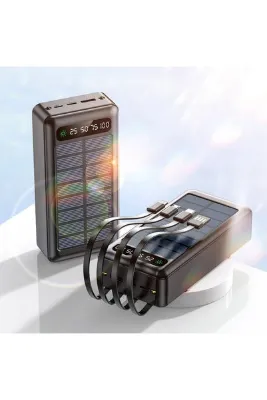 MATECHNO Solar 30.000 Mah Güneş Enerjili Led Işıklı Powerbank Şarj Aleti 2x Usb Çıkışlı Çoklu Kablolu