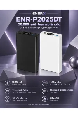 ENERX ENR-P2025DT 20000 mAh Powerbank 22.5 Watt Led Göstergeli Siyah