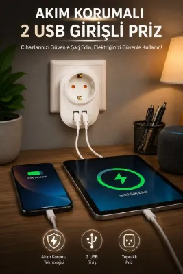 Montbell Akım Korumalı Priz 2 USB Girişli Topraklı Telefon Tablet Şarj Adaptörü 2500W