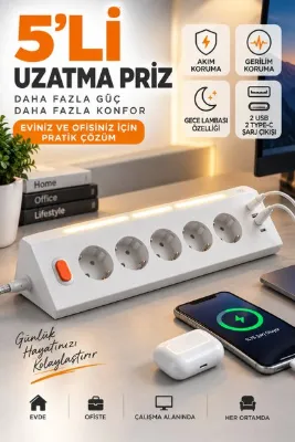 asua 5'Lİ Gece Lambalı Priz Akım Gerilim Korumalı Çoklu Priz 2XUSB 2XType-C Çıkışlı Uzatma Priz Çoğaltıcı