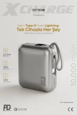 Simex 10.000 mAh 22.5W Hızlı Şarj PD Powerbank Kendinden Kablolu ve Dijital Göstergeli Taşınabilir Cihazı