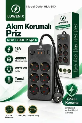Luwenix 5mt 6’Lı Akım Korumalı Çoklu Priz – 2 USB + 2 Type-C | 4000W 16A | 4000 Joule | 5 Metre Bakır Kablo