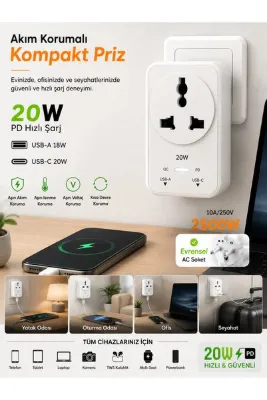 DEANB 2500W Akım Korumalı Priz 1 Soket 1 USB 1 Type-C Evrensel Çoklu Priz Şarj Adaptörü Güç Koruyucu TV